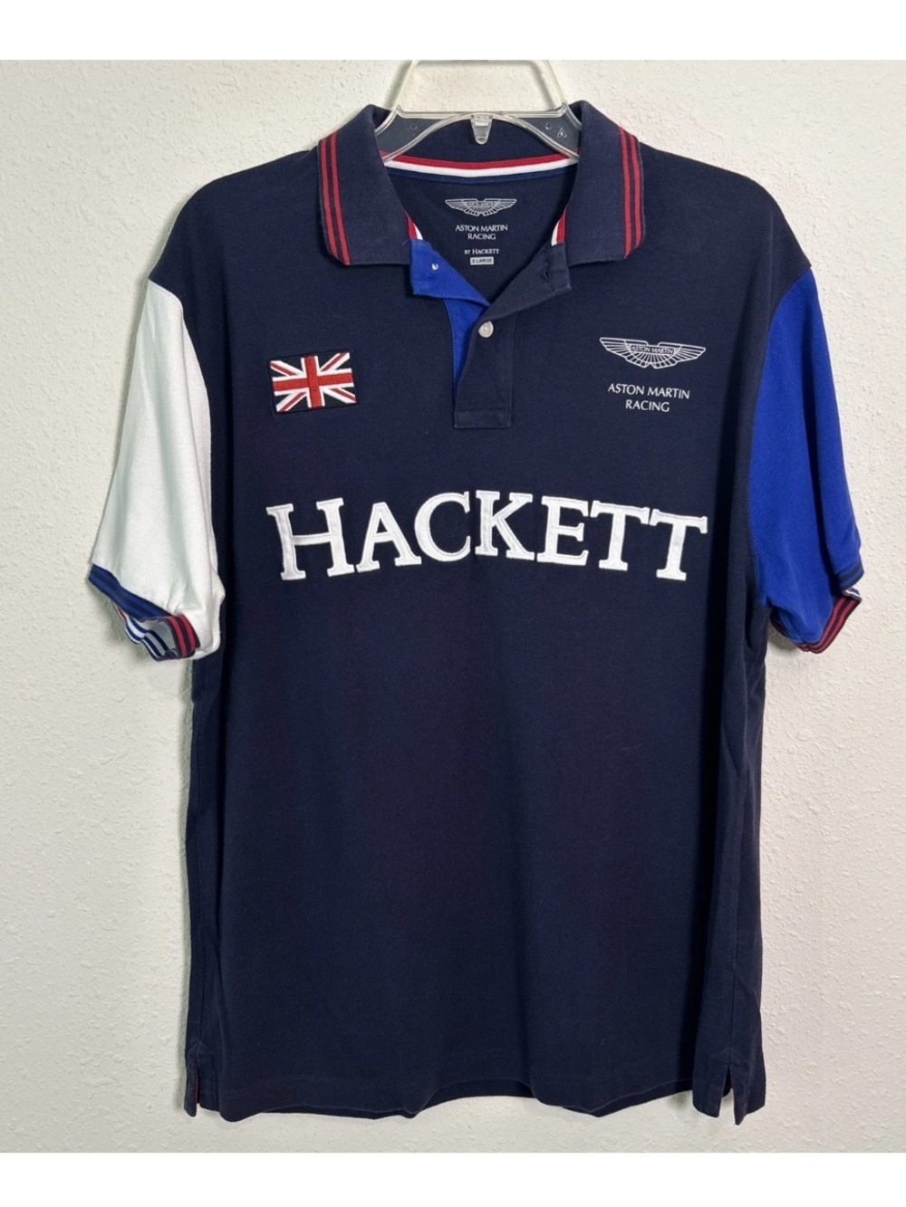 Hackett Aston Martin Racing Team Polo Shirt Black White Blue Embroidered Mens XL